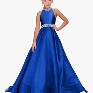 Girls Royal Blue Halter Satin Pageant Dress with Jeweled Waist